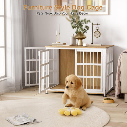 42" Furniture Style Large Dog Crate with Wheels, Metal Chew-Resistant Dog Kennel Indoor for Large & Medium Dogs, 41.9" W x 28.3" D x 31.7" H, Decorate House as TV Stand, End Table — Natural and White