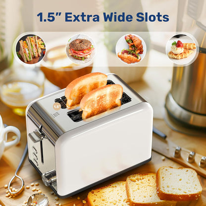 YSSOA 2-Slice Toaster - White, 6 Browning Settings, 3 Functions, Extra Wide Slot & Removable Crumb Tray for Bread &