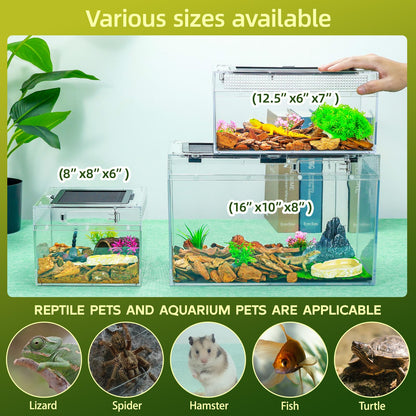 BINANO 12.5''×6''×7'' Reptile Tank Kit with Heat Lamp, Spray Bottle, Shovel, Tweezers, Food Bowl, Hideout -Perfect for Geckos, Snakes, Lizards, Turtles, Jumping Spider,Milk Frog,Hermit Crabs