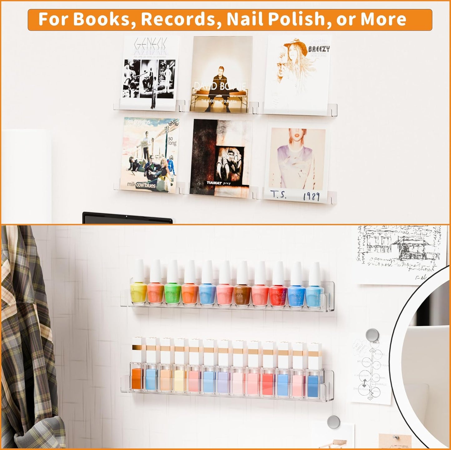 15" Storage,Pack 2 Cq acrylic Clear Floating Bookshelf for Kids Room - Invisible Hanging Wall Mounted U Shaped Shelf