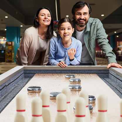 VEVOR Shuffleboard Table, 11.5 ft Shuffleboard for Family Game Rooms, 2 in 1 Shuffleboard and Bowling Combo Game Set, with Scratch-Resistant Playfield, Legs, 8 Pucks, Bowling Set, Wax, and Table Brush