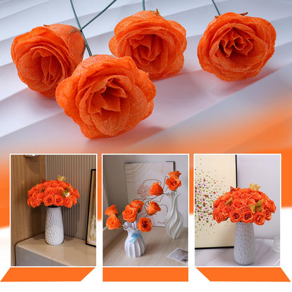 CCYXSHOW Orange Glitter Flowers Bouquet, Fake Roses Bouquet 16 Pcs DIY Glitter Rose Bouquet Kits Birthday Gifts for Women Mom Mothers Day Anniversary Graduation