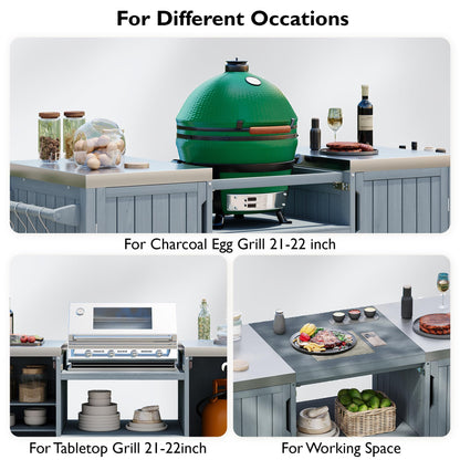 Trygoal 66.5" Outdoor Kitchen Island for Big Green Egg & Kamado Joe - 1380 sq in Heavy Duty Grill Cart with Stainless Steel Top - Solid Wood Rolling BBQ Prep Station with 6 Wheels & Storage, Grey Blue