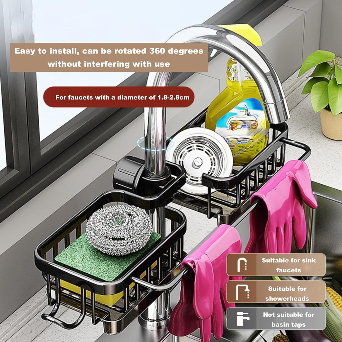 Sink Organizer Rack for Kitchen and Bathroom,Stainless Steel Detachable Hanging Faucet Drain Rack with Drip Tray Faucet