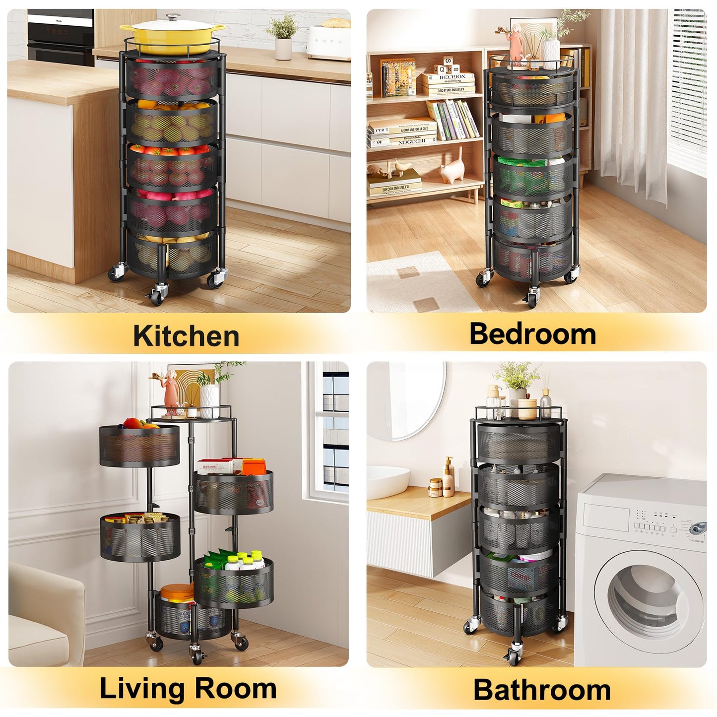 SNTD Fruit and Vegetable Basket Bowls for Kitchen with Metal Top Lid, 5 Tier Rotating Storage Rack Cart for Potato Onion Bread Banana, Wire Basket Organizer on Wheels, Large, Black