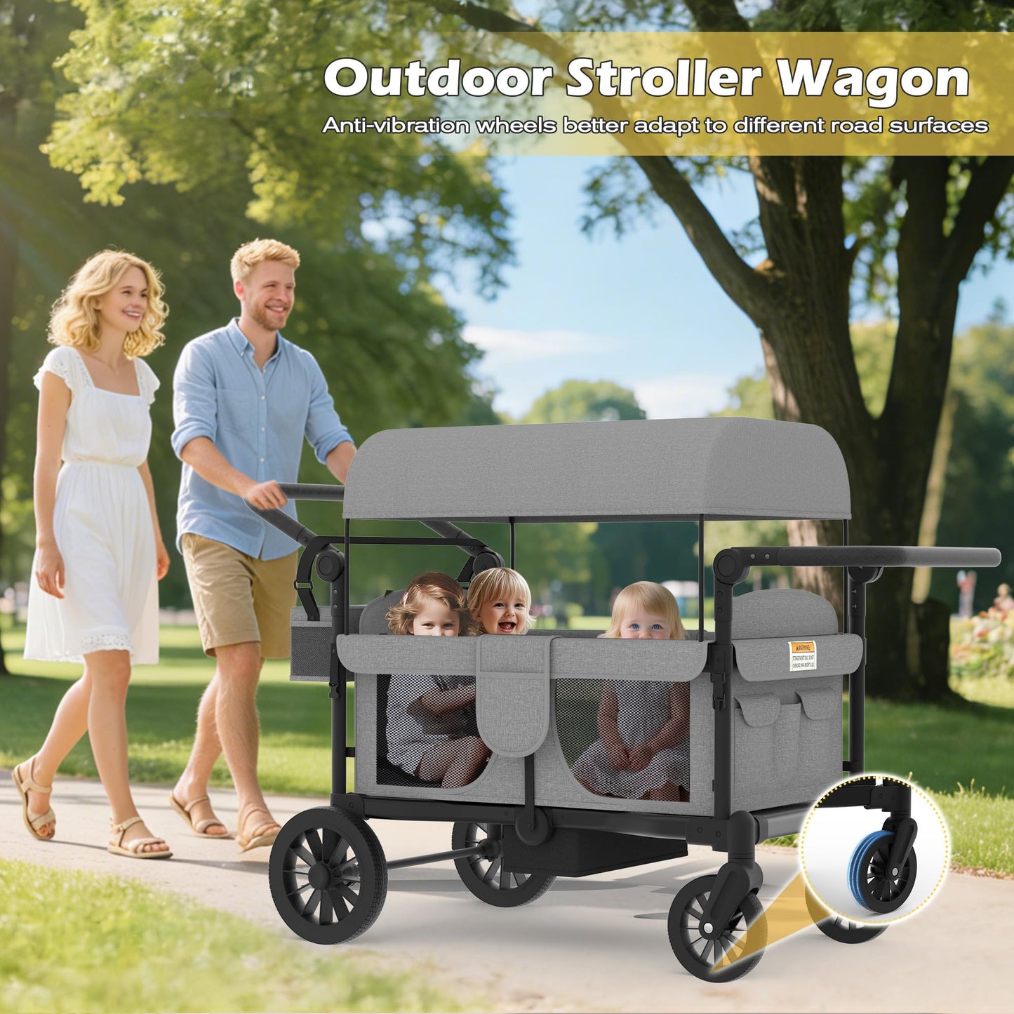 Xilingol 4-Seater Wagon Stroller for Kids, Foldable Outdoor Wagon with Canopy, Adjustable Handle, 5-Point Harness, Detachable Tray & Carry Bag (Grey)