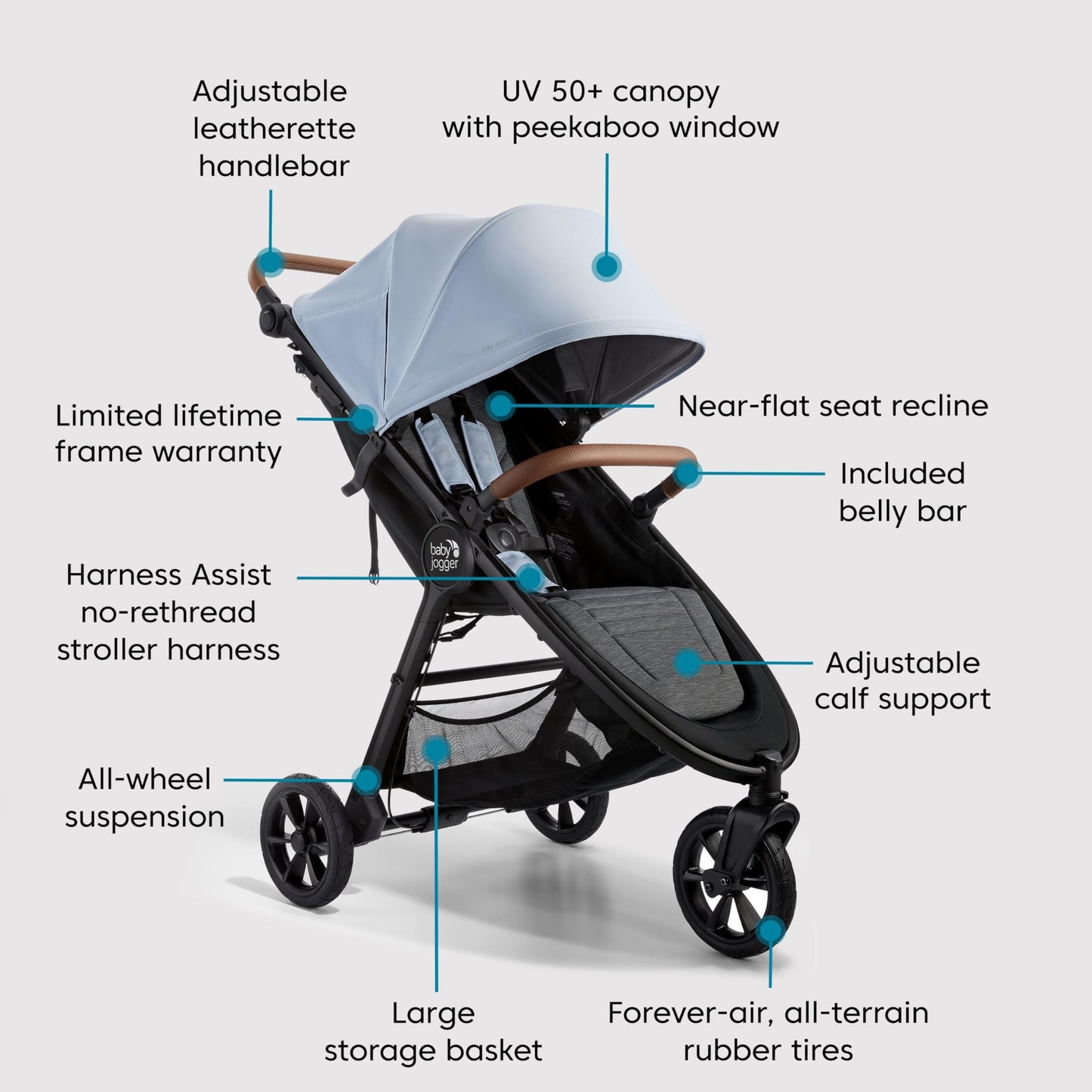 Baby Jogger® City Mini GT2 Single Stroller, Eco-Friendly Series, Baby Stroller with Four-Way Use with the Included Infant Car Seat Adapters, Leatherette Handle and Belly Bar, Slate Fog