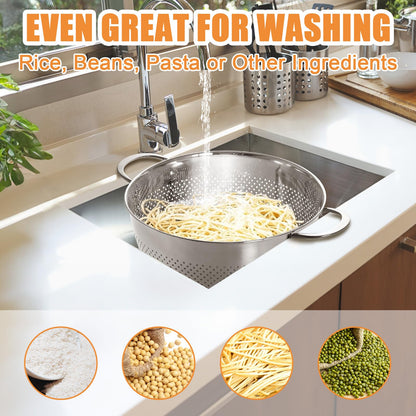 Stainless Steel Colander Set of 3 (1.5-3-5Quart) | Durable Rice and Pasta Strainer with Handle | Oversized Handles | Nesting Design | Rust-Resistant & Dishwasher Safe