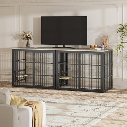 Lyromix 48'' XXL Dog Crate Furniture with Rotating Feeder, Large Wooden Crate End Table, Heavy Duty Indoor Kennel Cage for Medium to Large Dogs, Grey