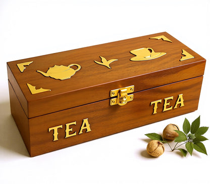 Handcrafted Rosewood Tea Box, 3-Compartment Tea Bag Organizer, Natural Wood Decorative Storage Chest with Brass Inlay, Artisan made in South Asia