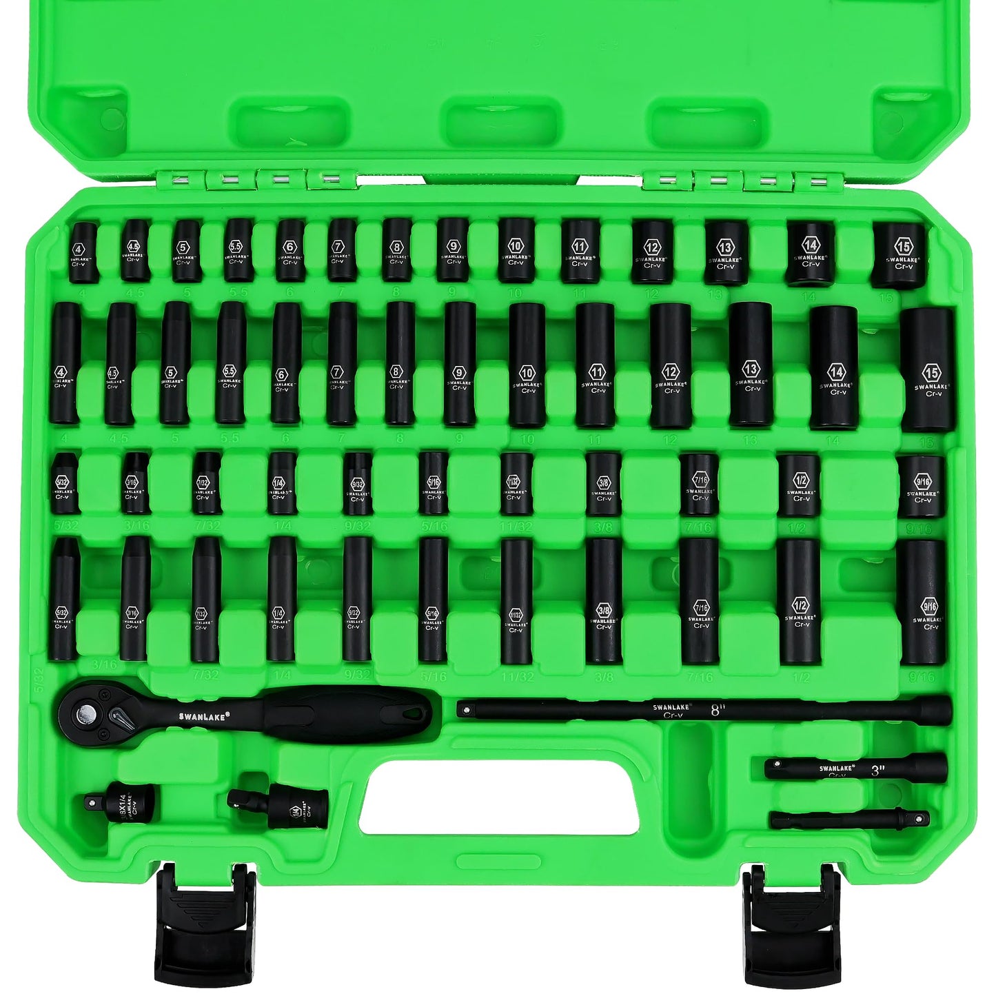 SWANLAKE 1/4" Drive Impact Socket Set, 56-Piece Standard SAE (5/32 to 9/16 inch) and Metric (4-15mm) Size, 6 Point, Cr-V, 1/4-Inch Drive Ratchet Handle, Drive Extension Bar, Impact Universal Joint