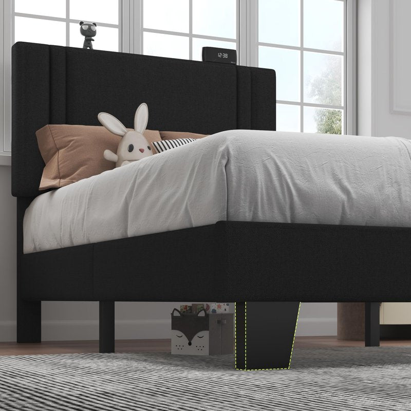 Feonase Twin Platform Bed Frame, Fabric Upholstered Twin Bed Frame, Solid Wood Slats & Heavy Duty Feet Support, No Box Spring Needed, Noise-Free, Easy Assembly, Black