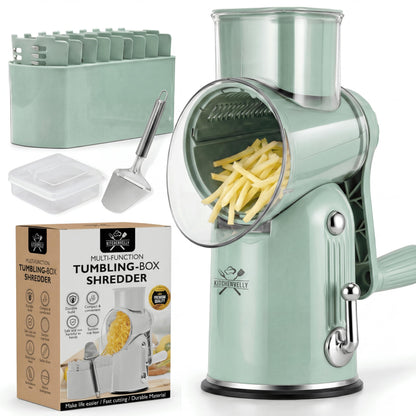 Kitchenvelly Rotary Cheese Grater Hand Crank, 5 in 1 Vegetable Slicer, Manual Cheese Shredder with Stainless Steel Blades, Food Grater for Cheese Vegetables Nuts, Suction Base, Easy Clean, Green