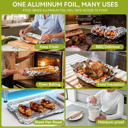 Aluminum Foil Roll, 12in x 350ft Aluminum Foil, Thick Strong Tin Foil with Cutter, Food Safe Cling Wrap for Cooking, Baking, Roasting, Grilling, Freezer Storage