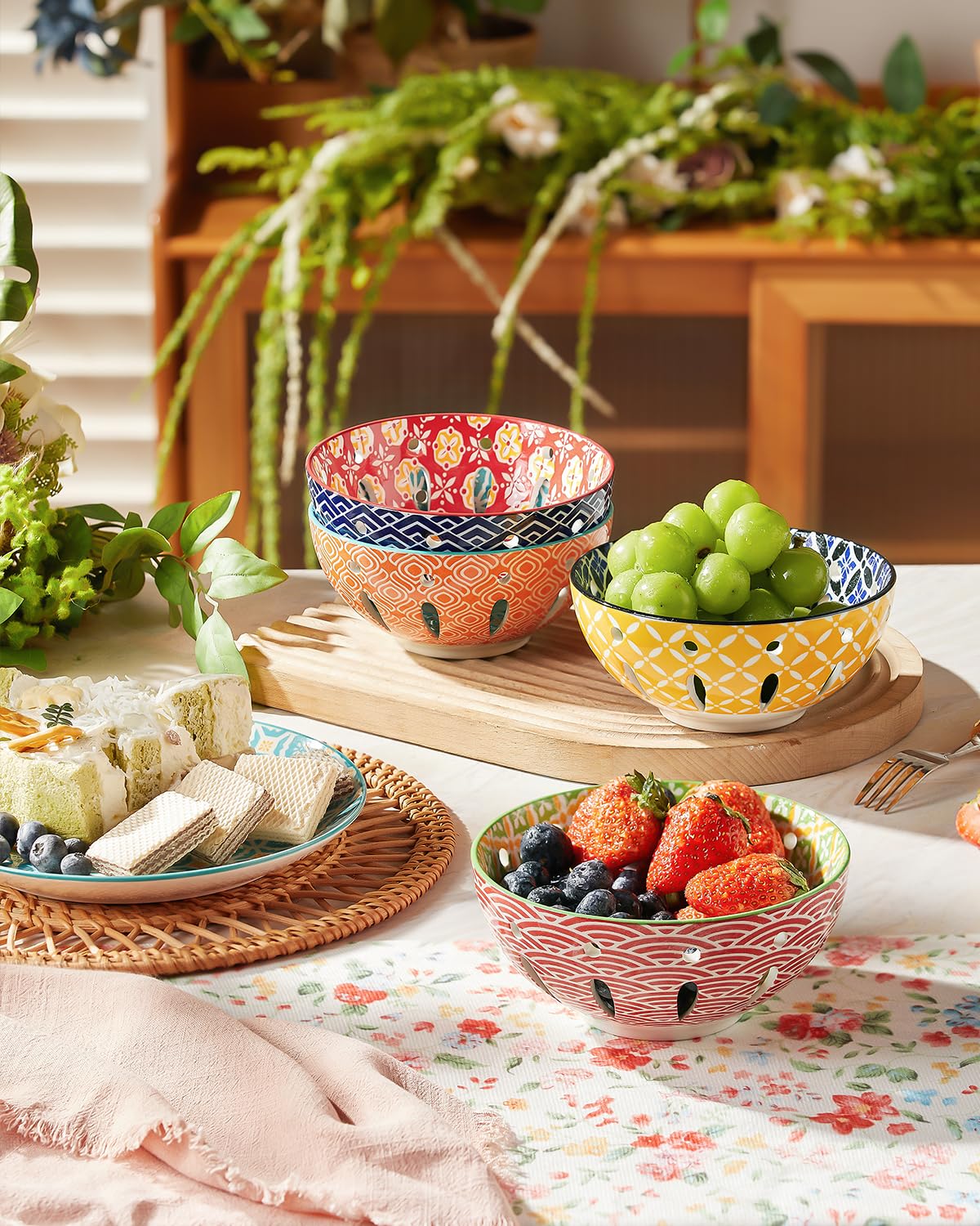 Metahom Ceramic Berry Basket, 6" Colorful Fruit Bowl, Round Berry Colander, Cute Small Container for Strawberry, Fruit Basket for Kitchen Counter, Set of 4