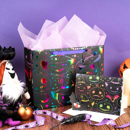 LeZakaa Pink Halloween Wrapping Paper Roll 13" Gift Bag with Tissue Paper, Gift Tag, and Card, Evil Pumpkin Fluorescent Black Design