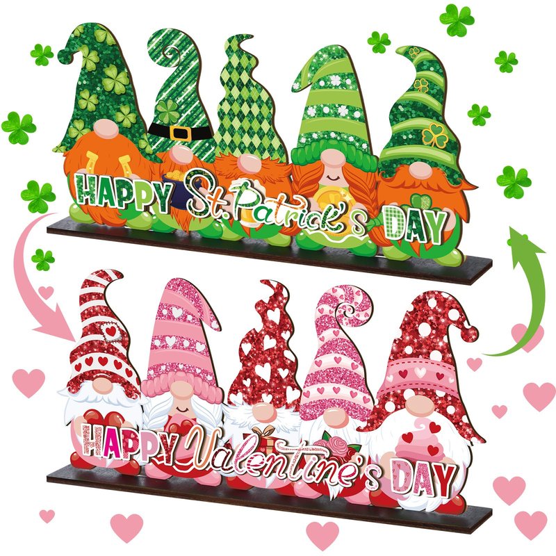 Valentine's Day and St. Patrick's Day Reversible Gnome Wood Signs Double Sided Valentines St. Patrick's Theme Wooden Standing Blocks Decoration Gnome Table Centerpiece for Home(Classic)