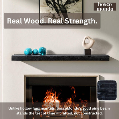 BoscoMondo Solid Wood Fireplace Mantel Shelf, Floating Mantle for Living Room, Farmhouse Rustic Wood Mantel, Easy Wall Mount with Heavy-Duty Metal Bracket (72", Intense Black)