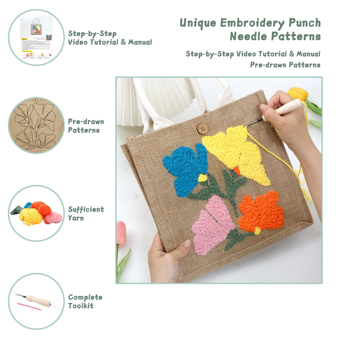 ERNTRNL Punch Needle Tote Bag Kits for Adults Beginner - DIY Punch Needle Embroidery Tote Bag Set, Punch Stitching Kit with Instructions & Video Tutorial Tools (4 Colors)
