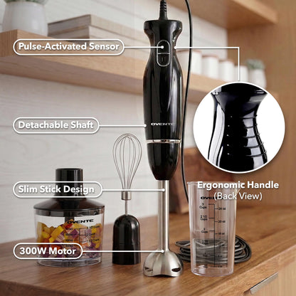 OVENTE Immersion Hand Blender Set, 300W Electric Handheld Stick Mixer, 2 Mixing Speeds with Stainless Steel Blades, Egg Whisk, Beaker & BPA-Free Food Chopper, Black HS565B