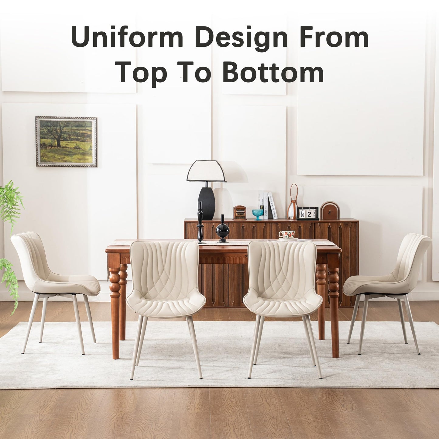 YOUTASTE Cream Dining Chairs Set of 2, Mid Century Modern Comfy Kitchen Chair, Upholstered Faux Leather, Cream Metal Legs, Armless Accent Chairs for Bedroom Vanity Lounge