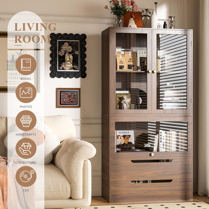 Easyego 63‘’Storage Cabinet,Sideboard Buffet Cabinet with Glass Doors and Drawers,Modern Wood Coffee Bar for Kitchen, Living Room,Dining Room，Entryway-Walnut