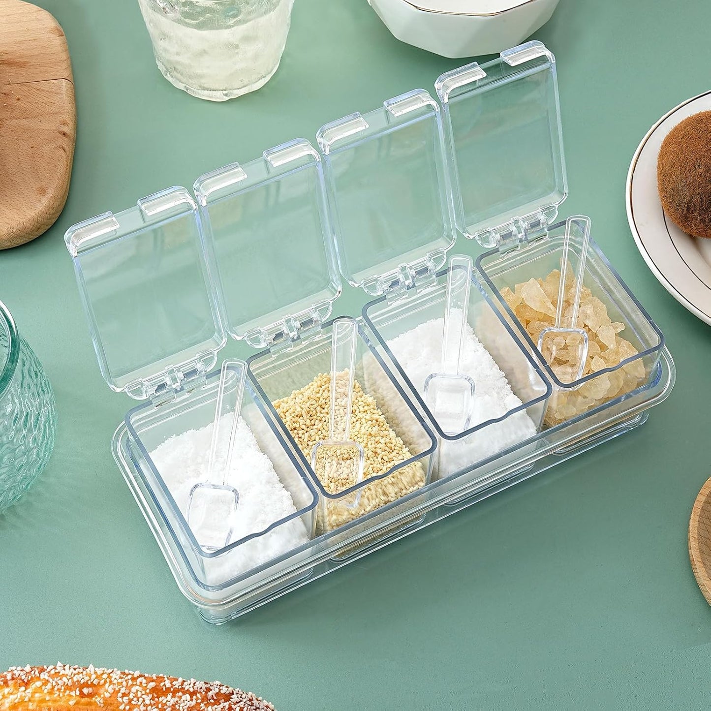 Clear Seasoning Box, 2 Pieces with Spoon, 8 Pieces Kitchen Spice Pots for Salt, Sugar, Pepper, Acrylic Storage