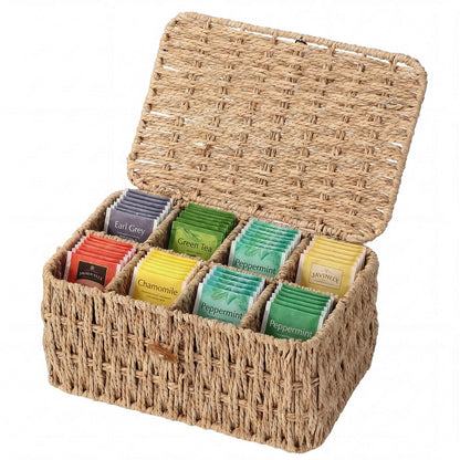 Sieral Tea Bag Organizer/Sugar Packet Holder with Lid 8 Compartment Paper Rope Woven Tea Storage Box for Chest Coffee Pill Condiment Organizer Wicker Divider Container for Countertop Drawer Shelf