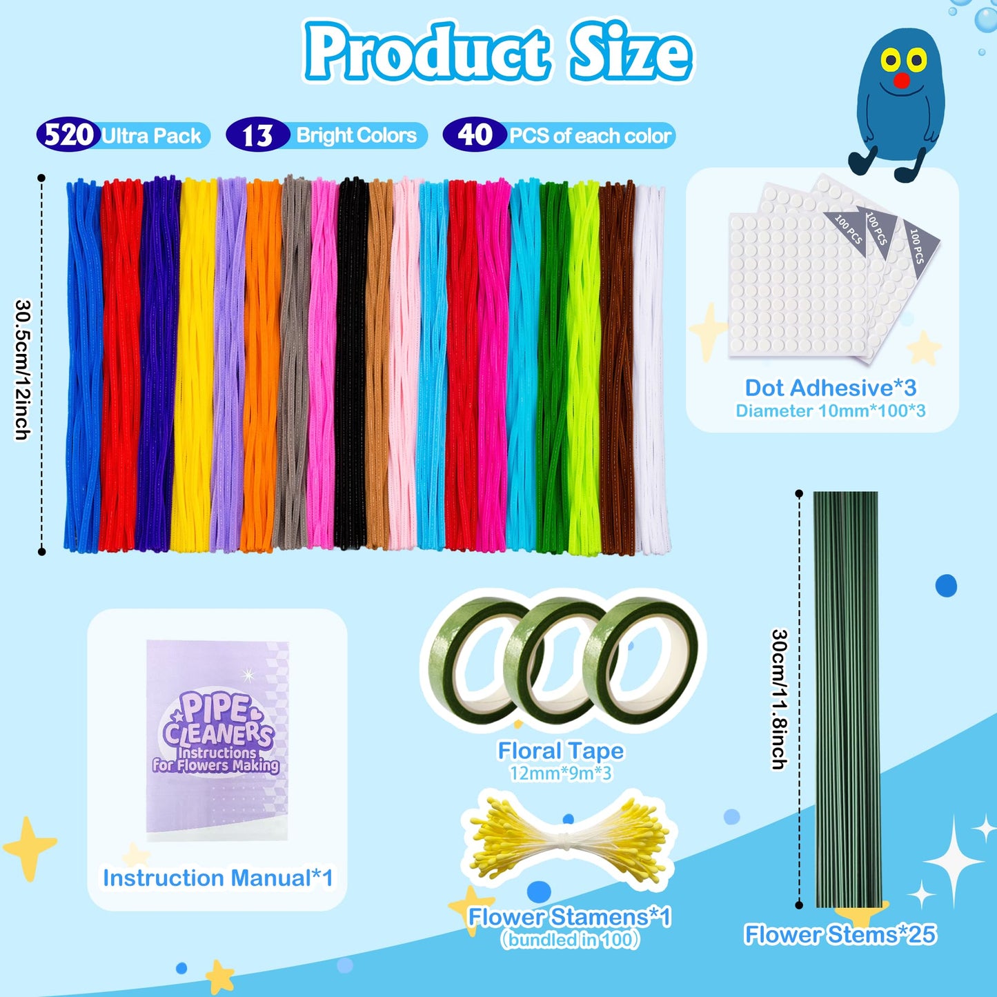 POMBUDS 572 PCS Pipe Cleaners Flower Kit, 13 Colors Chenille Stems with Floral Wires, Stamen, Tapes, Dot Glue, Instruction & White Box – DIY Craft Set for Handmade Bouquets