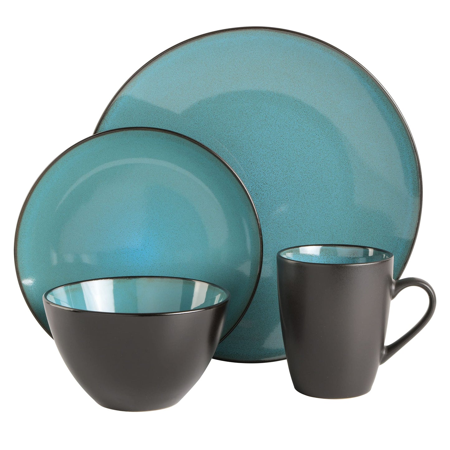 Gibson Elite Soho Lounge 16-Piece Round Reactive Glaze Stoneware Dinnerware Set, Service for 4 – Teal Plates and Bowls