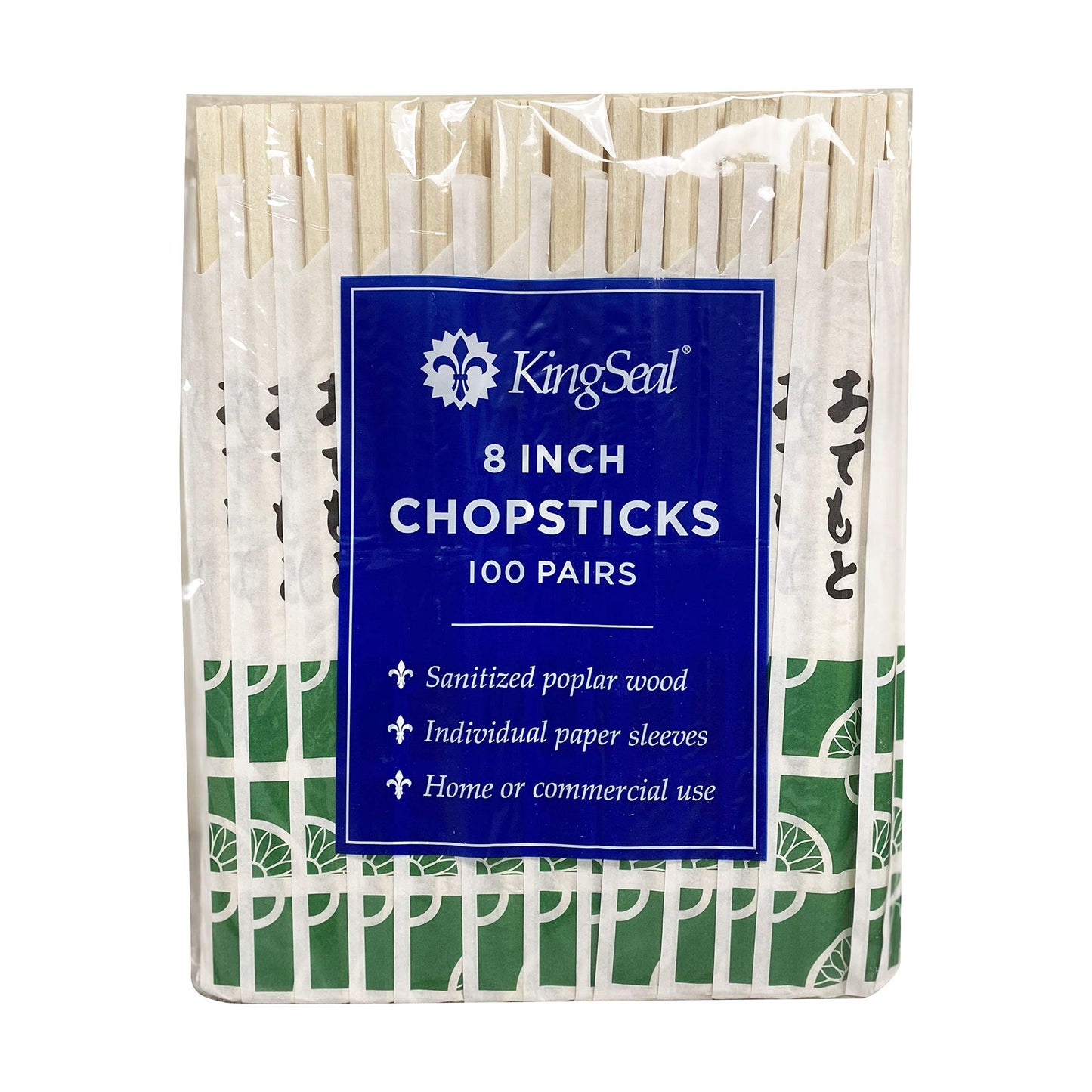 500 Count | KingSeal 8 Inch Natural Poplar Wood Chopsticks, Paper Sleeve, Waribashi, Eco Friendly, Bulk Pack - 5 Packs x 100 Pairs