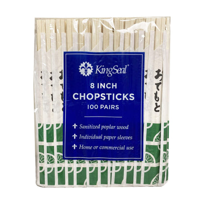 500 Count | KingSeal 8 Inch Natural Poplar Wood Chopsticks, Paper Sleeve, Waribashi, Eco Friendly, Bulk Pack - 5 Packs x 100 Pairs