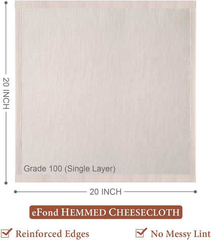 Cheese Cloths, 5 PCS Precut 20x20 Inch, Grade 100 Hemmed for Straining Cooking, Reusable Cotton