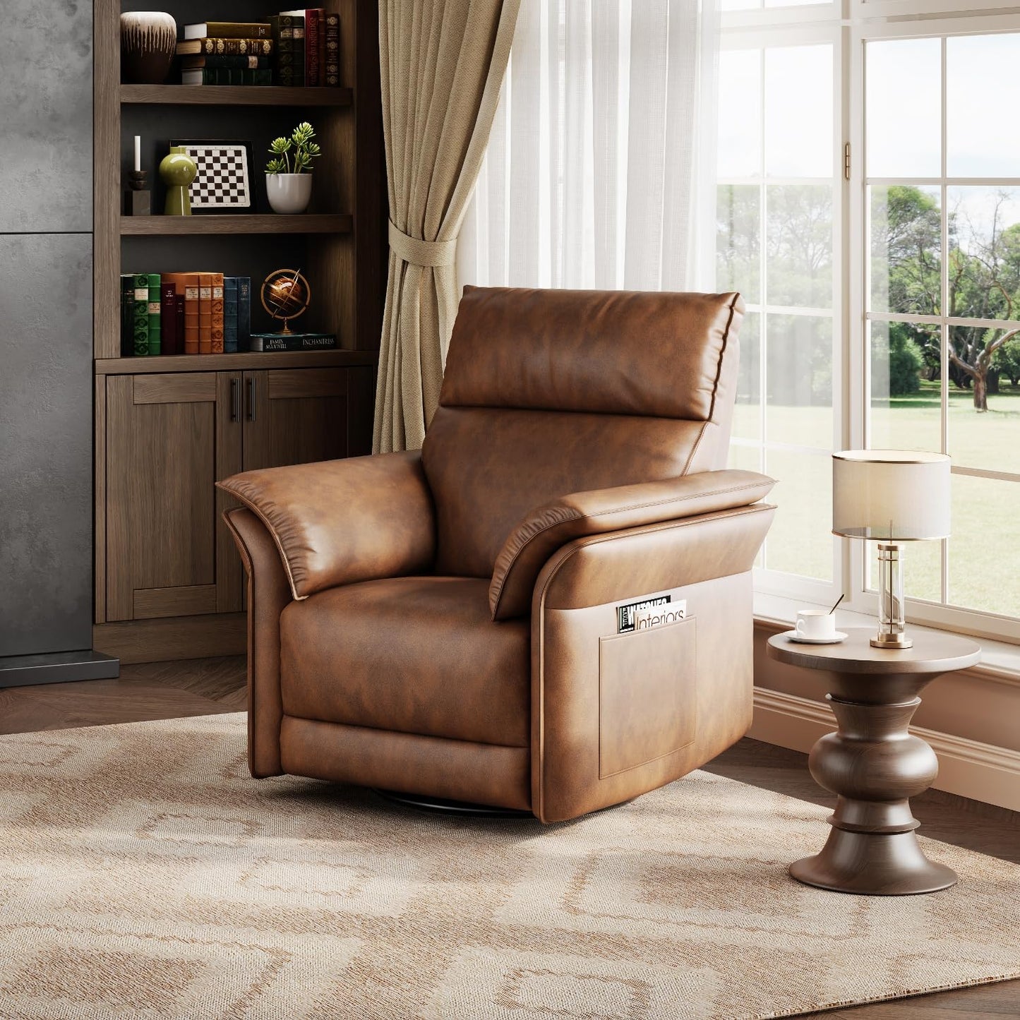 IDEALHOUSE Power Recliner Chair with Side Pockets, 270° Swivel & Glider, USB Charging Port, PU Leather, Thickened Dual-Layer Armrests, Modern Recliner for Living Room, Bedroom (Walnut)
