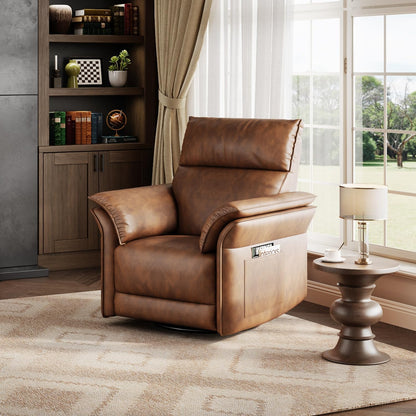 IDEALHOUSE Power Recliner Chair with Side Pockets, 270° Swivel & Glider, USB Charging Port, PU Leather, Thickened Dual-Layer Armrests, Modern Recliner for Living Room, Bedroom (Walnut)