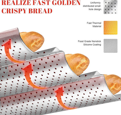 GGC 3-Loaf Baguette Bread Pan, Nonstick Perforated Grade Coating for Baking Crispy Baguettes