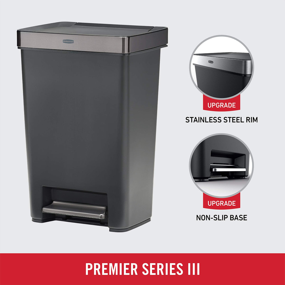 Rubbermaid Premier Series III Step-On Trash Can for Home and Kitchen, with Stainless Steel Rim, 12.4 Gallon, Charcoal, for Home/Kitchen/Garage/Apartment/Office
