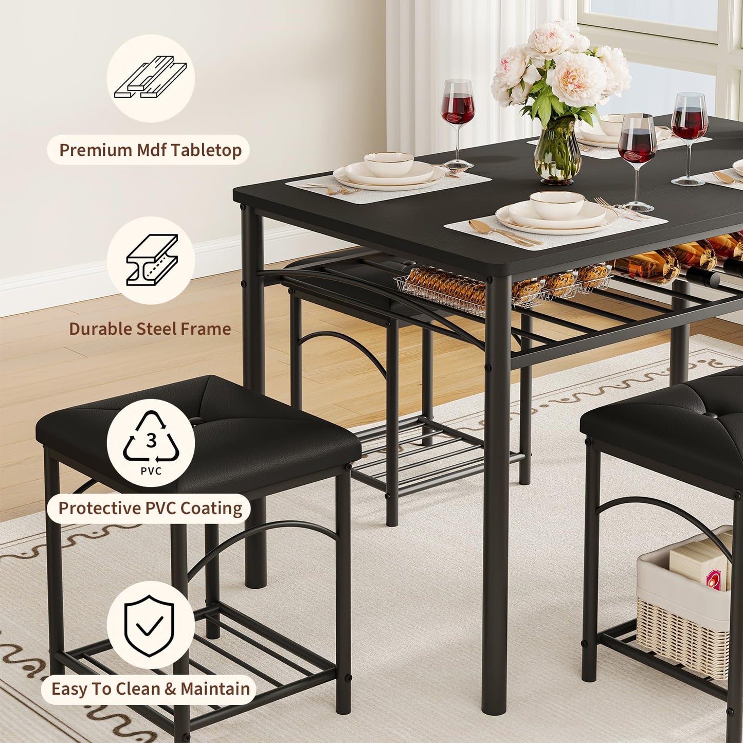 Garvee Dining Table Set for 4, Kitchen Table with Upholstered Bench and 2 Stools, 4 Pieces Kitchen Table Set with Storage Rack & Metal Frame for Small Space, Kitchen Table and Chairs Set for Apartment