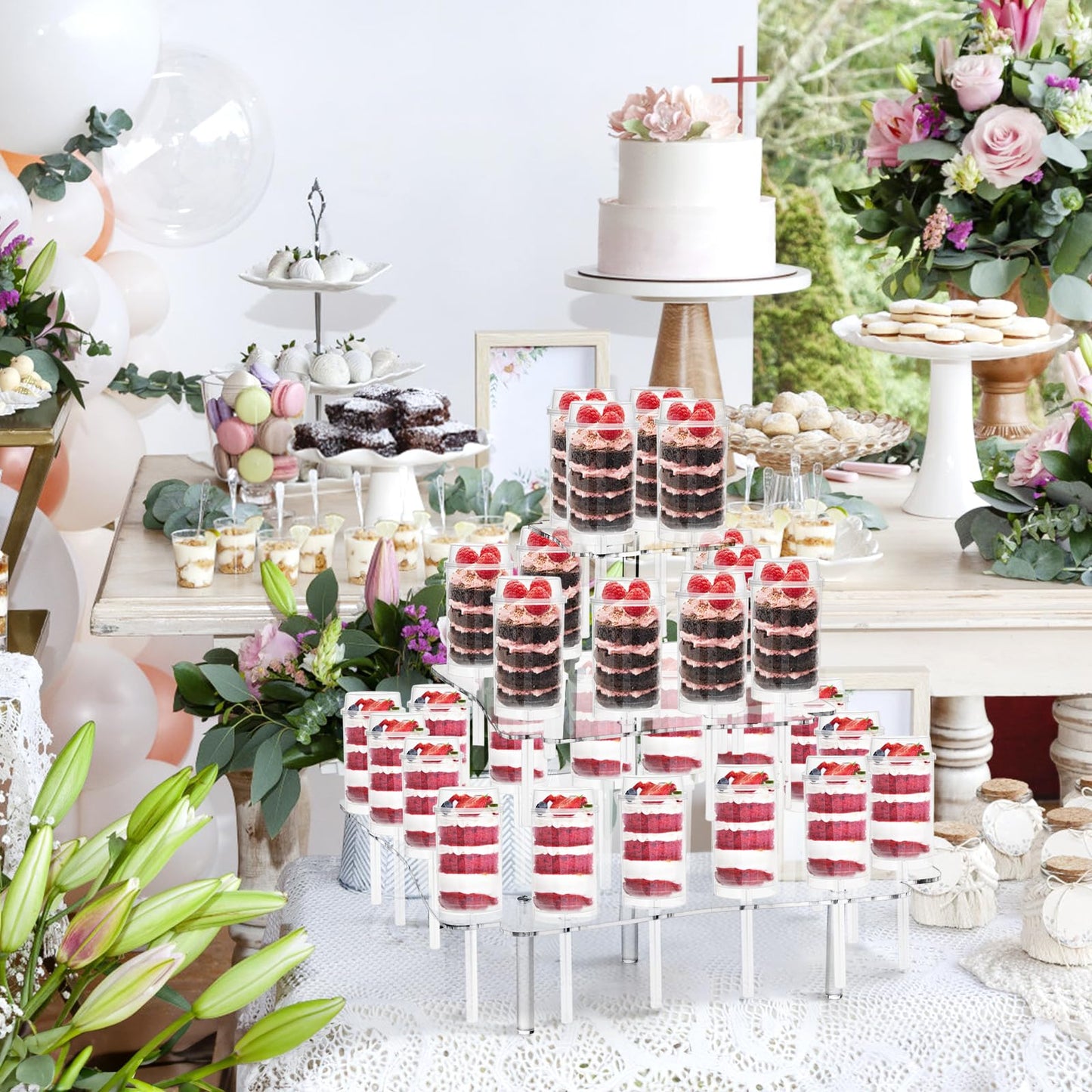 TOPZEA 32 Pack Push Cake Pop Containers & 32 Holes Acrylic Clear Cake Stand, Plastic Reusable Round Shaped Push Up Cakes Pop Shooters Cup with Lids & Treat Stand for Wedding Birthday Christmas Party
