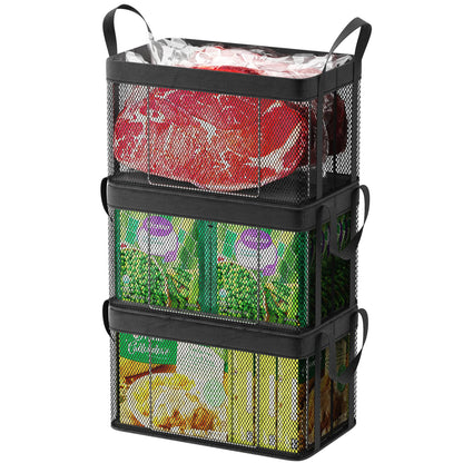 iSPECLE Freezer Organizer Bins, 3 Pack 15" Large Stackable Deep Freezer Organizer Bins for 5 to 7 Cu.Ft Chest Freezer, Sturdy Fabric & Stainless Steel for Meat & Vegetables, Easy Access, Black
