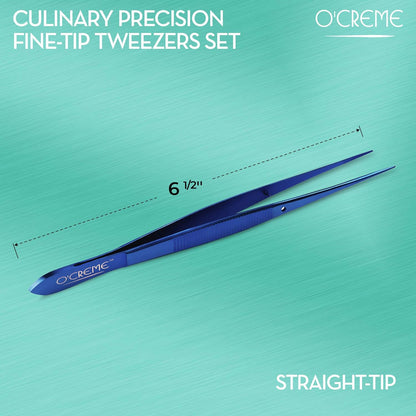 O'Creme Stainless Steel Precision Kitchen Tweezer Tongs, 6.25" with Fine Tip (Blue)