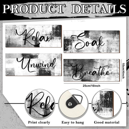 Maitys Bathroom Wall Art - Rustic 4-Piece Set for Soak, Unwind, Relax | 10 x 4 Inch Black & White Decor