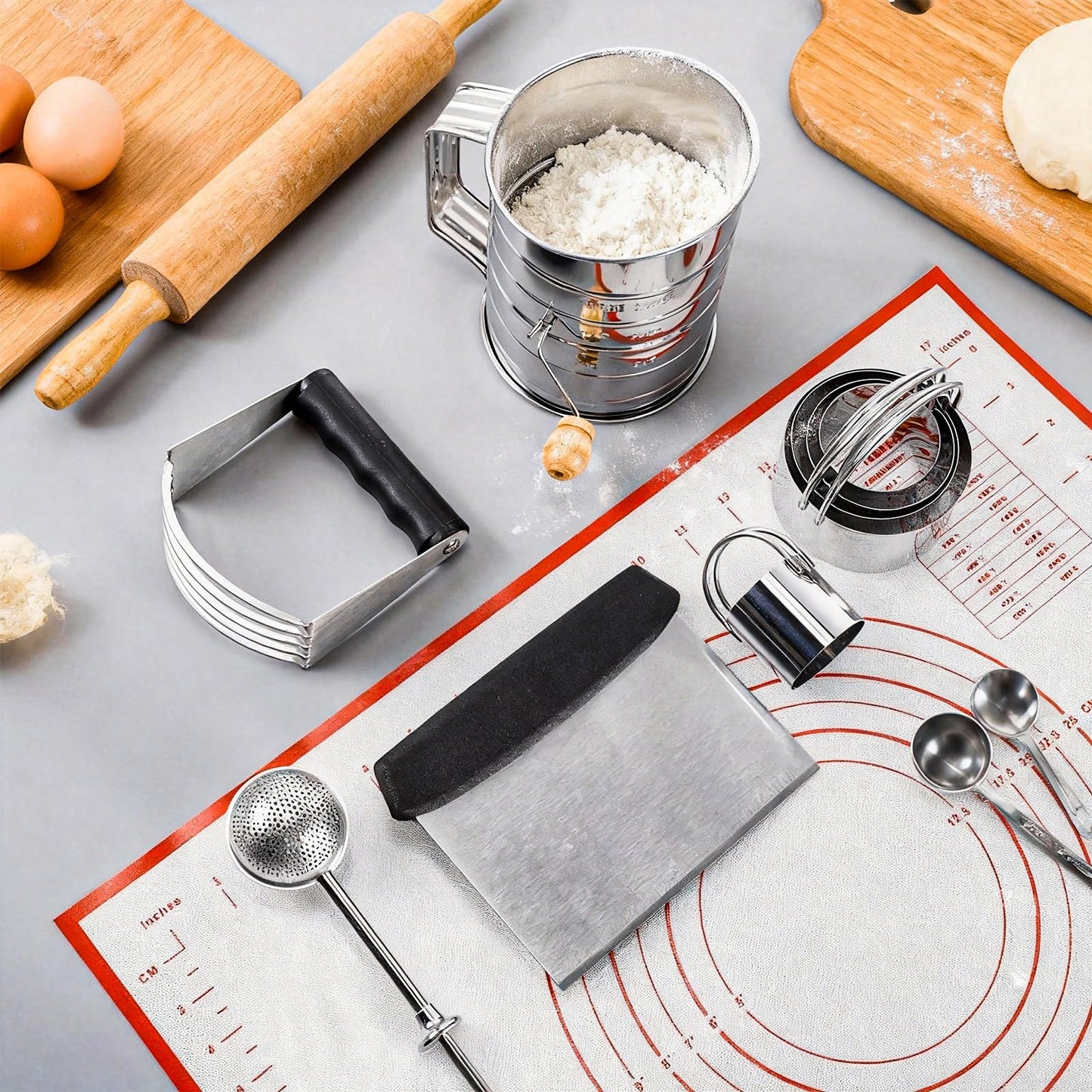 Teecyhooo 10 Pcs Stainless Steel Pastry Biscuit Cutter Set Include 3 Cup Flour Sifter Biscuit Cutter Pastry Scraper Dough Scraper Silicone Baking Mat Fine Mesh Strainer for Cooking Cookies Donuts Cake