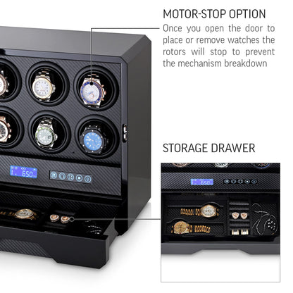 6 Watch Winder with LED Light, LCD Display and Storage Drawer