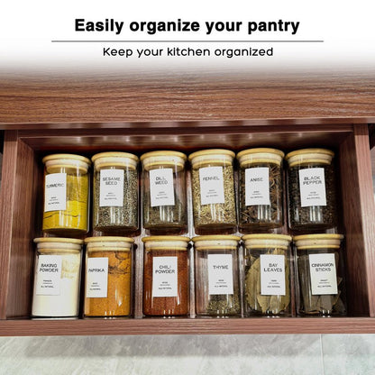 Kuocodall 12 Pcs Glass Spice Jars with Bamboo Airtight Lids & 201 Labels - 8oz Small Empty Food Storage Containers for Kitchen, Seasonings, Herbs, Salt