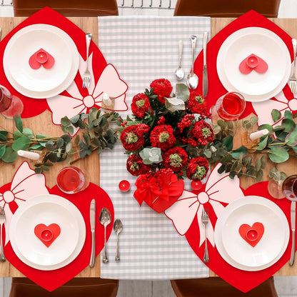 Valentine's Day Placemats Set of 6 Valentines Bow Heart Plastic Table Mats Sweet Red Heart Shaped Place Mats Washable Waterproof Table Decoration for Wedding Anniversary Holiday Party Kitchen Dining