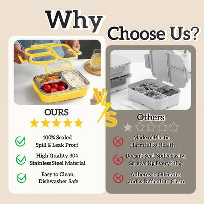 Eechen Charm Stainless Steel Lunch Box, 3 Compartment Bento Box for Kids & Adults, Leakproof Metal Food Container for School, Work, Picnic, Easy to Clean (Yellow)