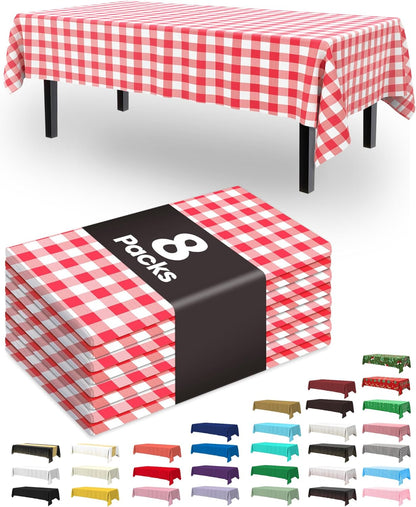 Pureegg Disposable Plastic Tablecloths - 8 Pack, 54 x 108 Inch, Red & White Gingham, Leakproof & Sturdy