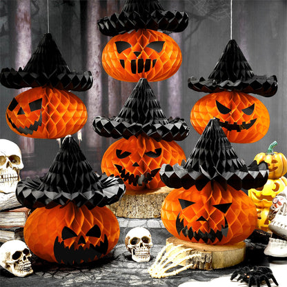 Fourluoo 6 Pcs Large Halloween Pumpkin Witch Hat Honeycomb Centerpieces 9.84 x 11 Inch Thanksgiving Paper Honeycomb Decorations 3D Table Decor for Fall Tailgate Party