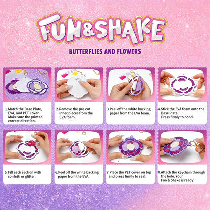 BYTEWAR Shake & Sparkle Arts and Crafts for Kids - 10 Pcs DIY Butterfly & Flower Keychain Making Kit with Glitter, Fun Sensory Craft Toys, Birthday Gifts for Girls Ages 4, 5, 6, 7, 8, 9+